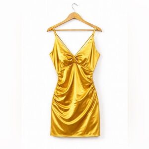 Gold Satin Spaghetti Strap Mini Dress